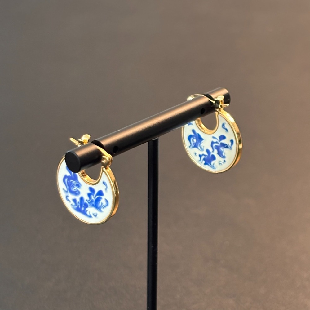 Ana Luisa Hana Blue Floral Enamel 14K Gold Dipped disc Huggie Earrings